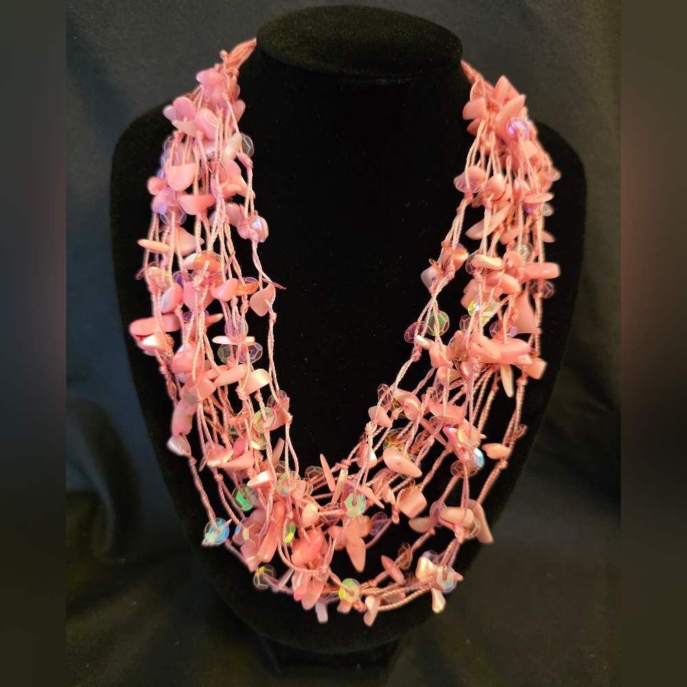 Pink Multi-Strand Beaded Statement Necklace — Layered Textured Jewelry